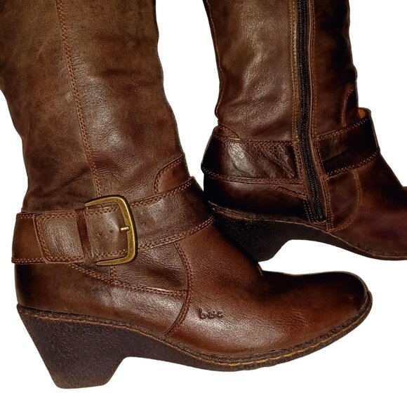 B.O.C. Brown Leather Buckle Zip Chunky Block Wedge Heel Boots Womens Size 9 - Picture 4 of 15